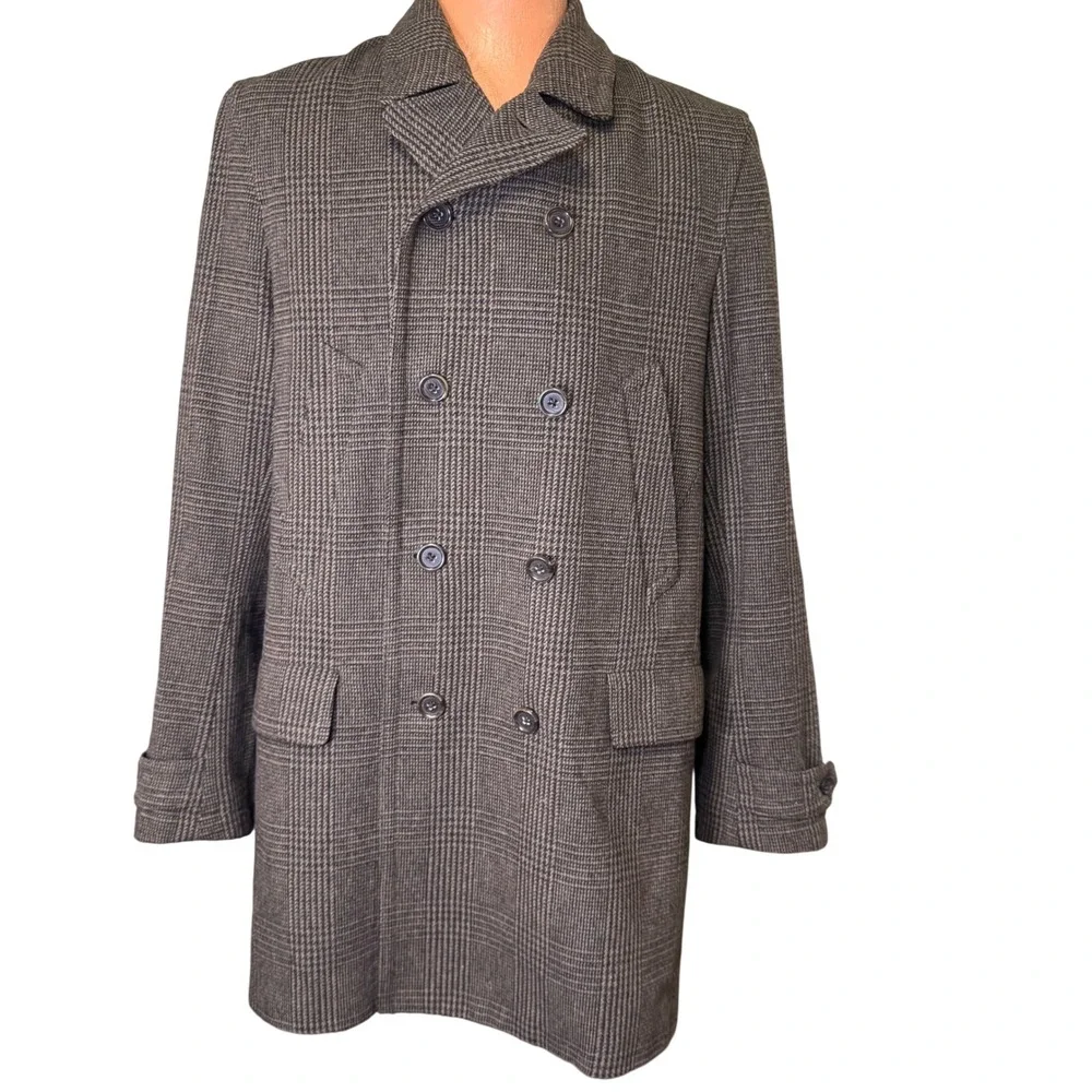 Banana Republic Mens Glen Plaid Wool Blend Double Breasted Overcoat Brown XL